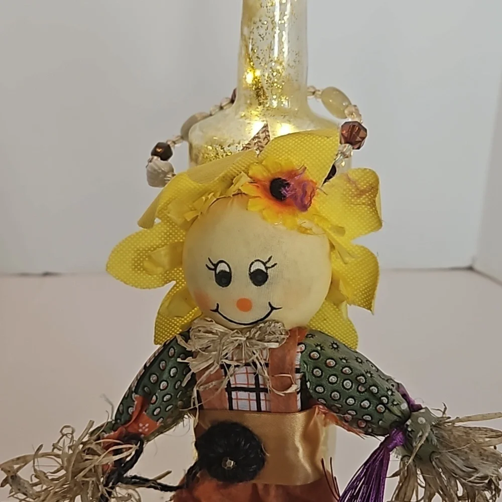 Hand Crafted Upcycled Fall Bottle Art Floral Sunflower Scarecrow Lighgt- up
